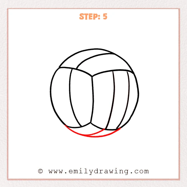 how to draw a cartoon volleyball - Step 5 of a cartoon volleyball drawing adds a wide bottom arc that connects both sides, completing the rounded base of the volleyball.